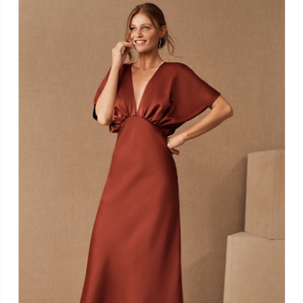 BHLDN Leila Satin Charmeuse Maxi Dress in Cinnamon
